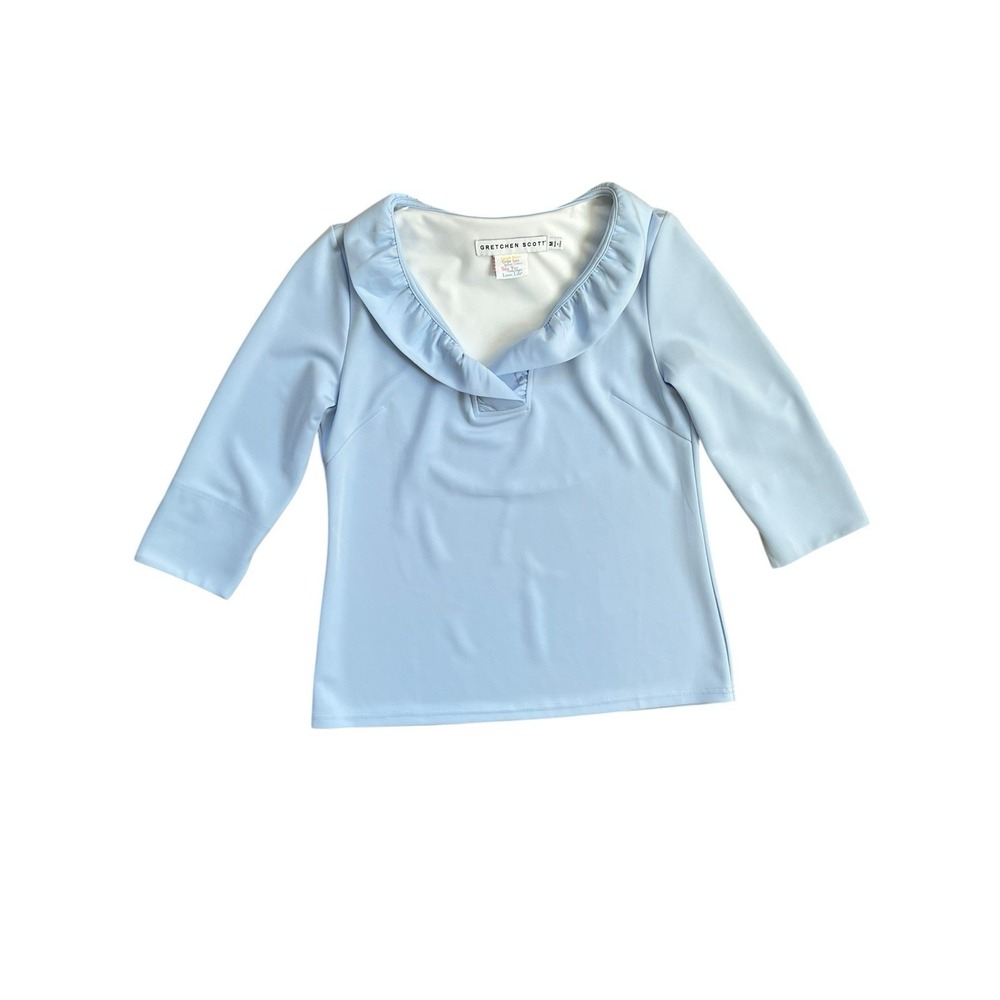 Gretchen Scott Jersey‎ Ruffle Collar V Neck 3/4 Sleeve Top Blue Women's  Medium